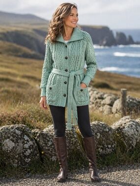 Vintage Glen Columb Kille Irish Wool Aran Cardigan Belted Sage Green M